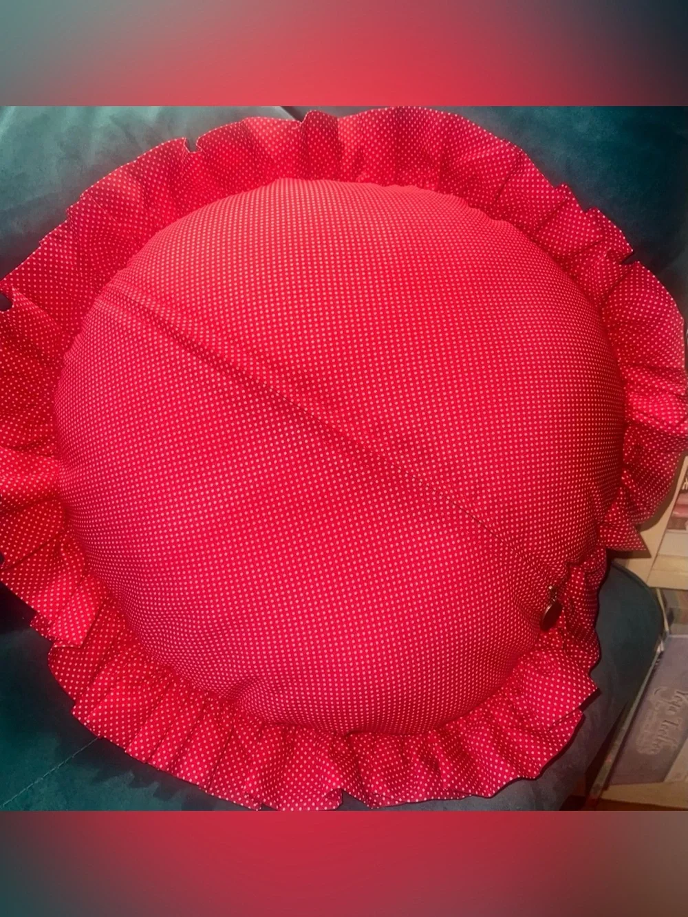 Pier 1 embroidered beaded paisley round pillow red polka dot ruffles